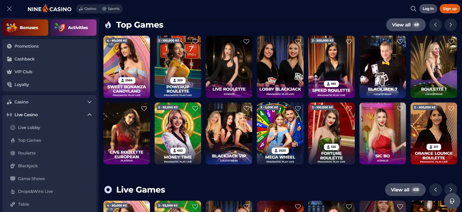 NineCasino live-casino lobby with dealer-game categories and provider labels