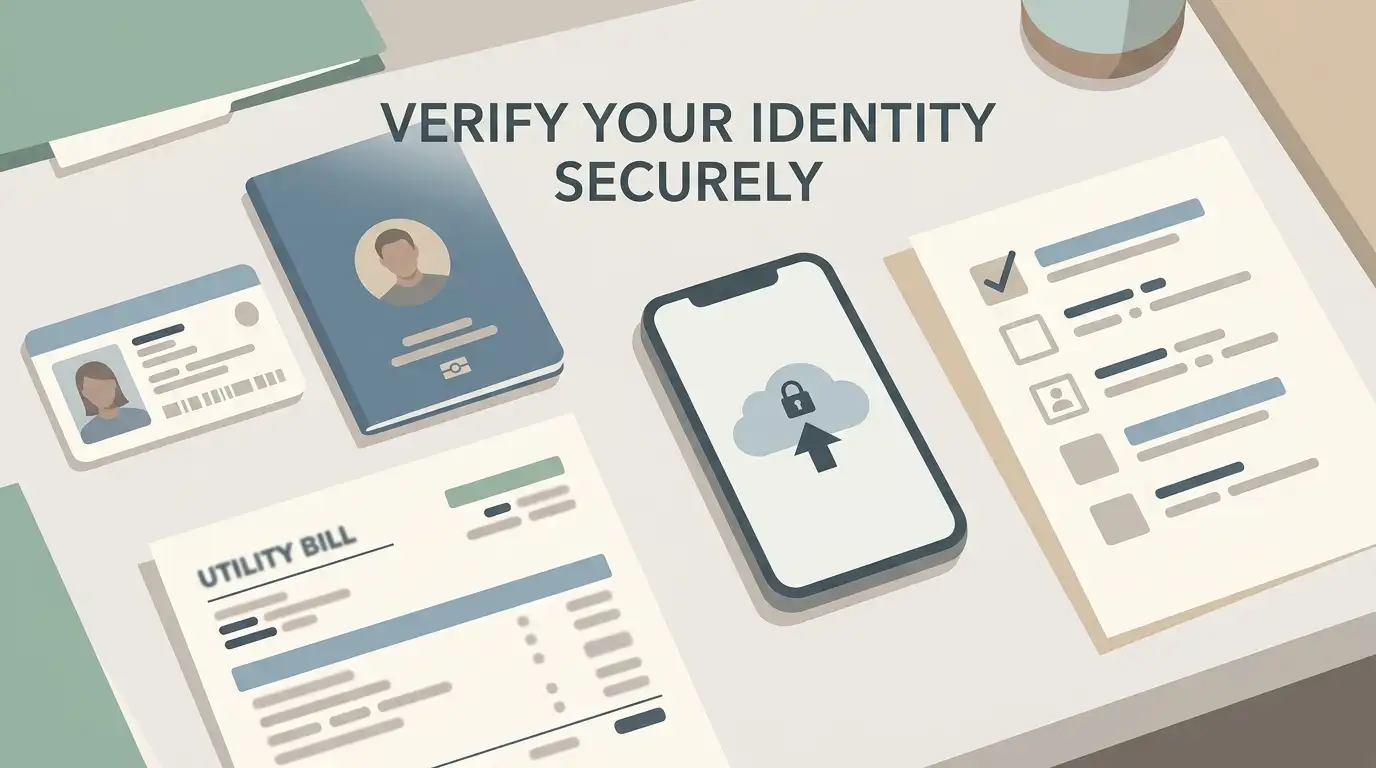 Neutral KYC preparation illustration showing an identity document, proof of address and secure upload checklist without casino branding