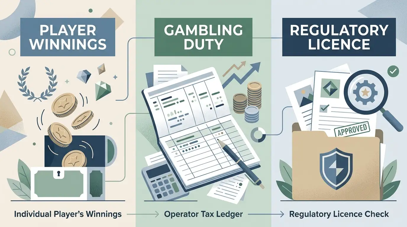 Editorial illustration separating player gambling winnings tax, operator gaming duty and casino licensing