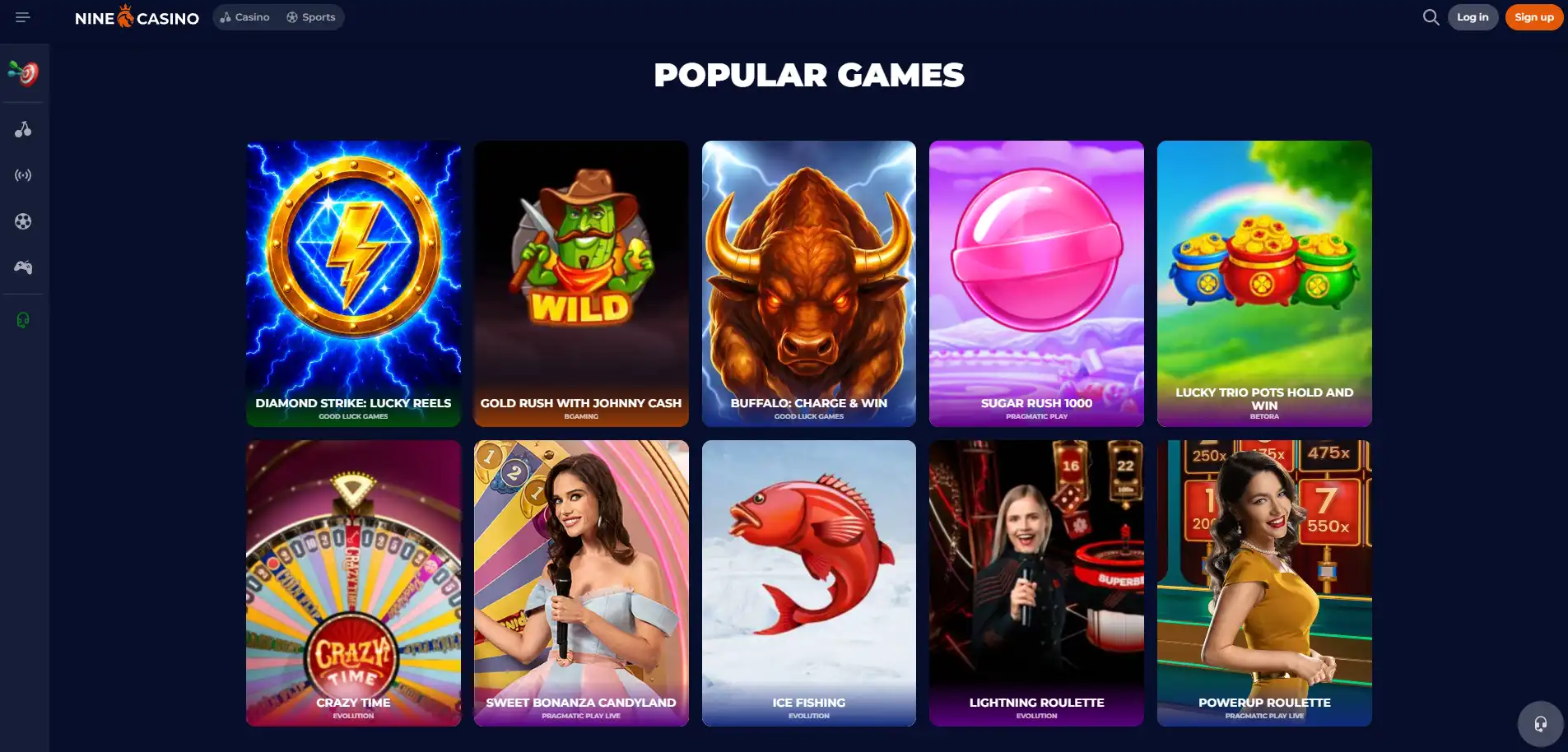 Current NineCasino homepage header and game navigation